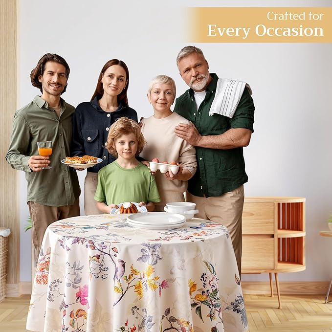 Maison d' Hermine Table Cloth Round Table 100% Cotton 69 Inches Fall Tablecloth Reusable Everyday Use for Thanksgiving Christmas Decorations Dining Farmhouse Party (Equinoxe - Beige)