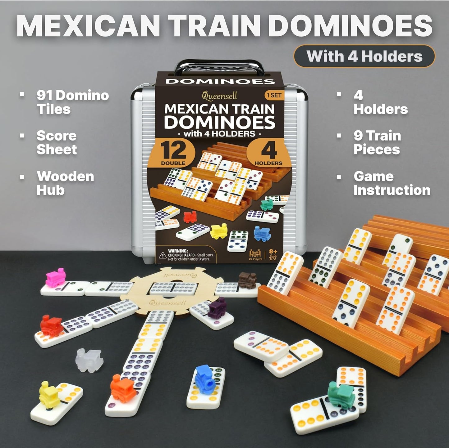 Queensell Dominoes Double 12 with 4 Holders + Wooden Hub + Score Pad + Metal Trains