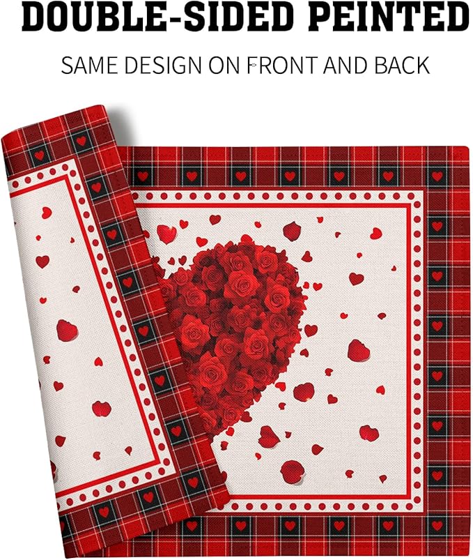 Giwawa 4PCs Valentines Day Placemats 12x18 Inch Love Hearts Rose Flower Place Mat Red Black Buffalo Plaids Non Slip Heat Resistant Table Mats for Kitchen Dining Holiday Wedding Anniversary Decor