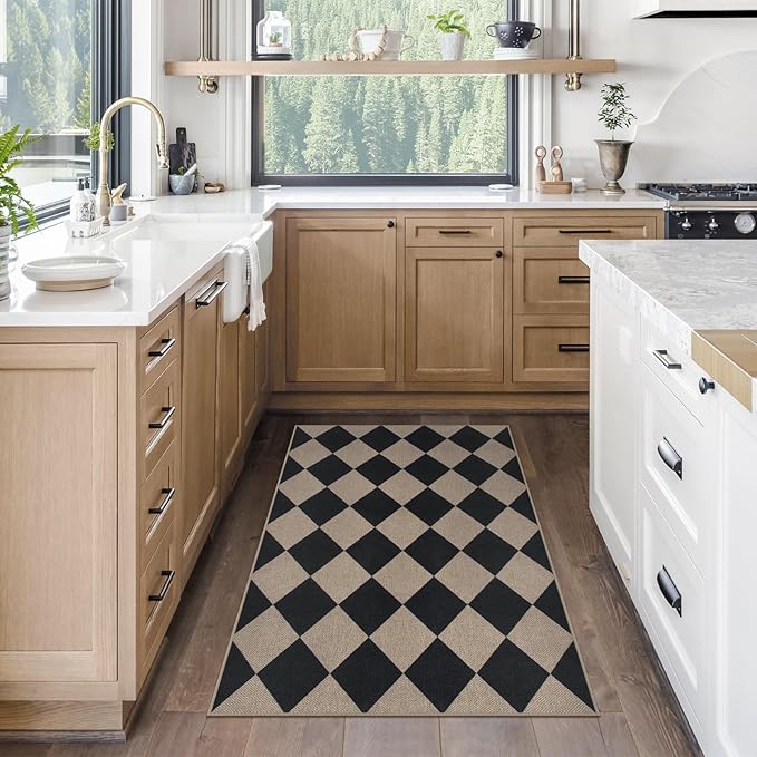 Easy Jute Checkered Entryway Rug, 2.6x4 Black Modern Indoor Outdoor Doormat, Washable Non-Slip Neutral Kitchen Rug Farmhouse Diamond Throw Rugs for Entrance Bedroom Bathroom