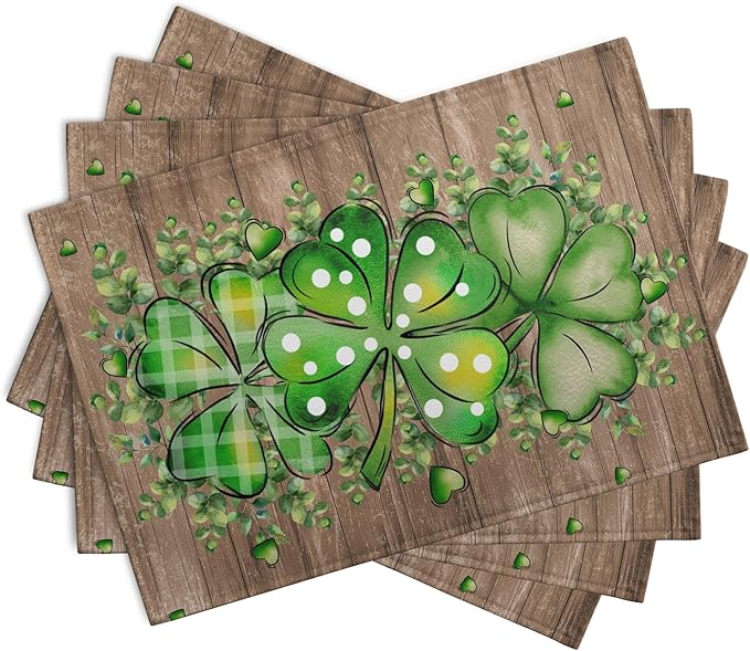St Patricks Day Eucalyptus Leaves Placemats Set of 4, 12x18 Inch St Patrick Wooden Plank Dining Table Placemats Shamrock Spring Washable Heat Resistance Table Mats for Kitchen Dining Decor