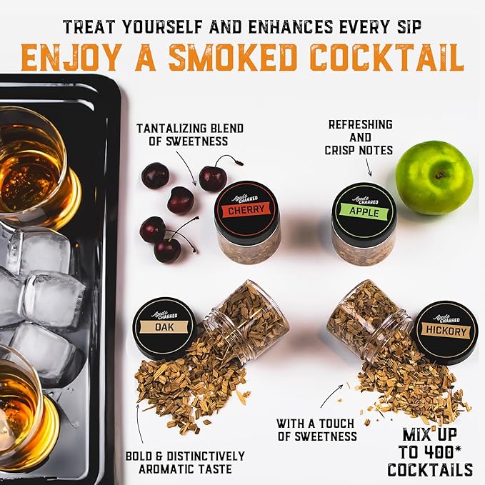 400 Cocktail Smoker Wood Chips - Variety Flavors Big Pack - Apple, Hickory, Oak, Cherry - Whiskey Smoker Wood Chips for Bourbon, Rum & Cocktail Smoker Kits