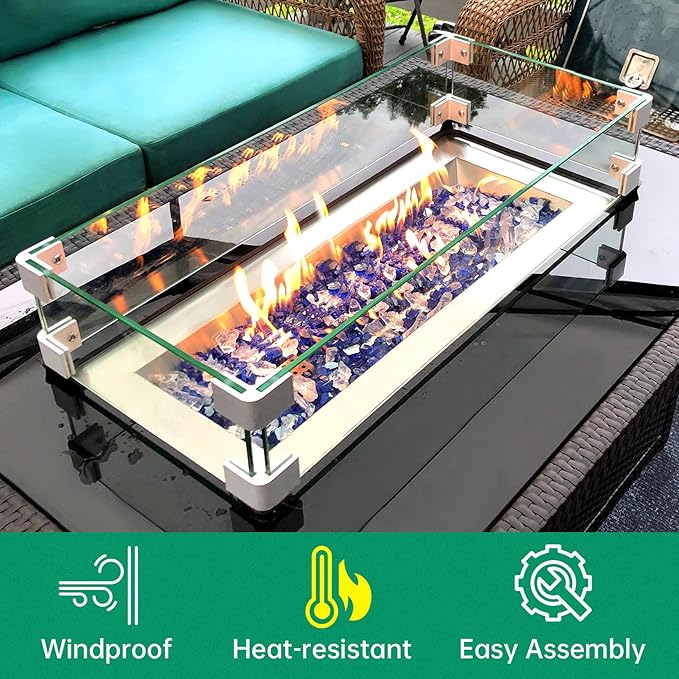 Fire Pit Wind Guard, 31" x 12" Square Tempered Glass Wind Shield for Firepit & Fire Table, Thick Glass and Easy Installation with Included Tools, Airflow Management for Stable Flame