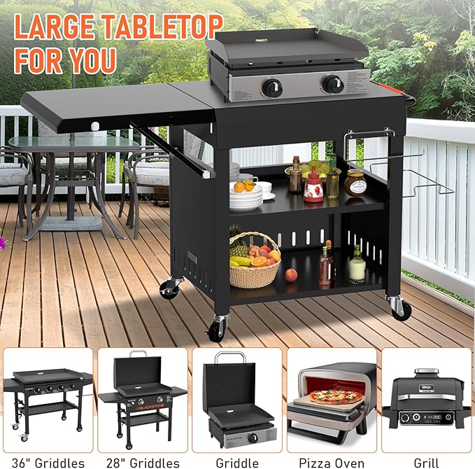Outdoor Grill Table Cart for Blackstone 28"/36" Omnivore Griddle, 50" x 22“ Large Outdoor Kitchen Island with Foldable Side Table for Blackstone 17”/22” Griddle, Home BBQ, Tailgates, Cookouts