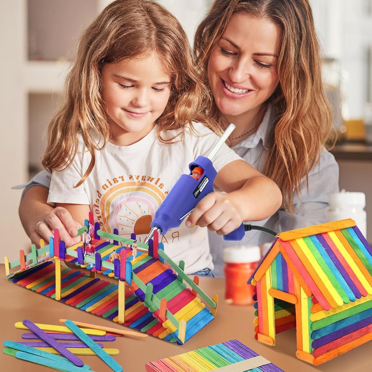 4.5 inch Colored Wooden Sticks Kits, 400PCS Colorful Rainbow Treat Sticks Bulk with Hot Glue Gun and Sticks for Craft Popsicle Home Decoration Project Building Model Kid Classroom Art Craft Supplies