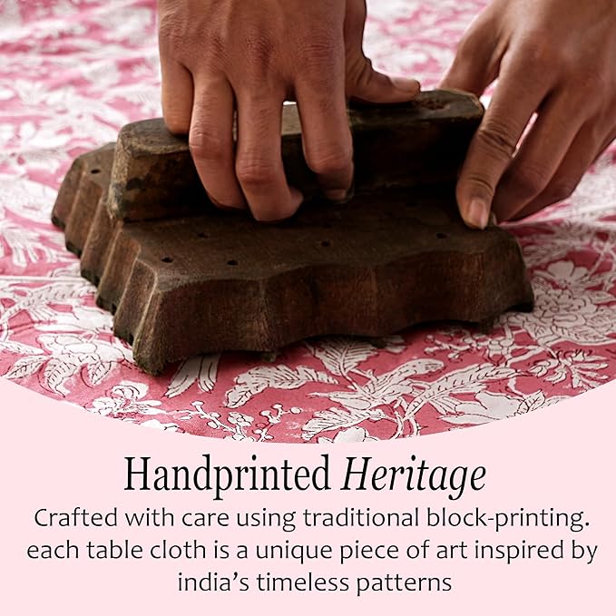 CPC Tablecloth 100% Cotton 70x108 Inch Indian Block Print Rectangle Table Cover, Pink Table Cloth for Weddings, Thanksgiving and Christmas - Pink Coral
