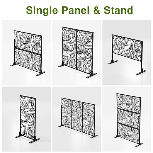 Casaphoria 72" H x 47" W Metal Outdoor Privacy Screen, Freestanding Decorative Divider for Patio, Deck, Balcony, and Garden with Stable Base, Black Bamboo Leaves