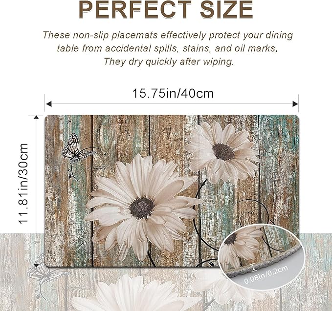 White Sunflower Placemats set of 4 - Floral Faux Leather Heat Resistant Placemats for Dinner Table, Non-Slip Waterproof Oil-Proof Washable Reusable Placemat for Indoor Outdoor Kitchen, 15.75In*11.81In
