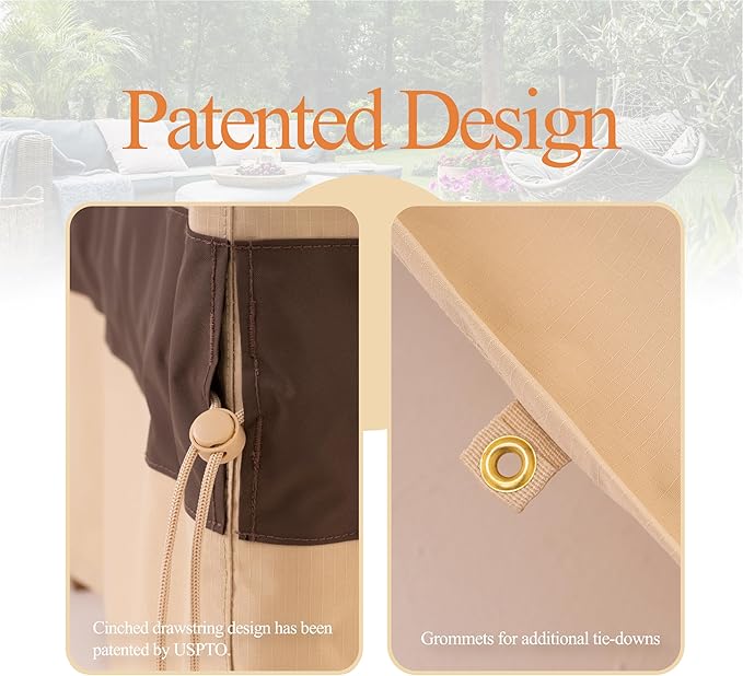 WJ-X3 Rectangular Beige & Coffee Patio Table Cover, 102W x 78D x 31H Inches - Heavy Duty, Waterproof, Wind-Resistant, Anti-Fade - Ideal for Outdoor Dining Set Protection