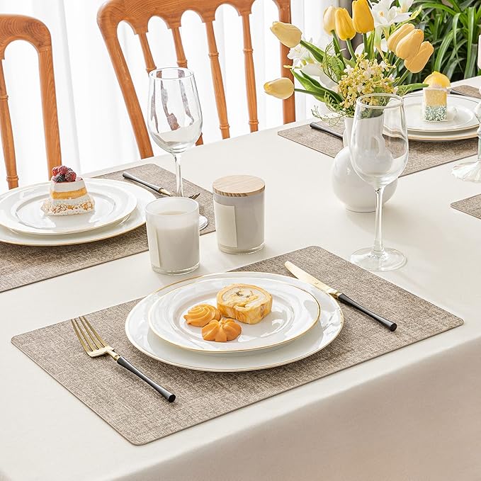 Romanstile Vinyl Placemats Set of 8-12 X 17 Inch - Heat Resistant Place Mats 100% Waterproof Oilproof Wipeable Reversible Faux Leather Table Mats for Kitchen, Dining, Party, Outdoor, Khaki