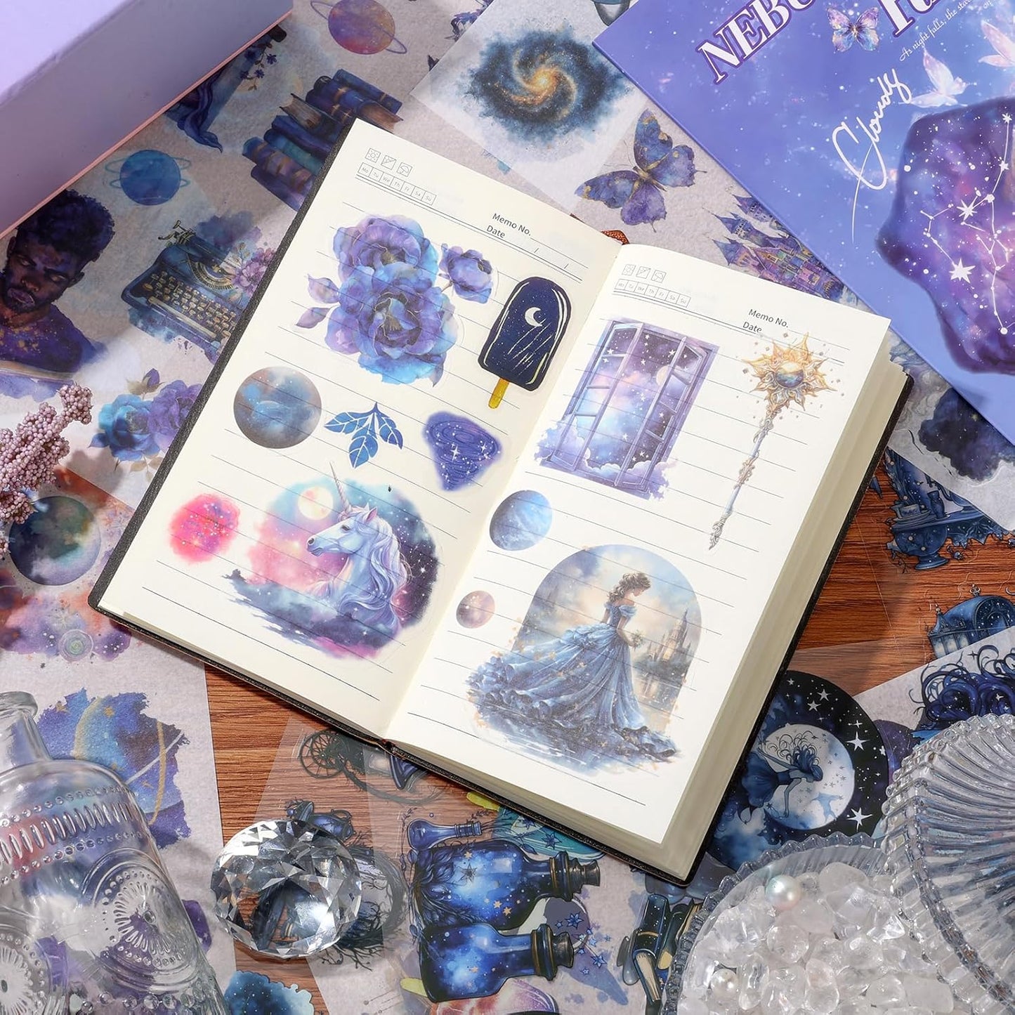 Fantasy Magic Scrapbook Stickers 20 Sheets 240 Pre-Cut Washi Stickers for Journaling PET Transparent Book Sticker Decorative or DIY Paper Crafts, Arts and Crafting Projects