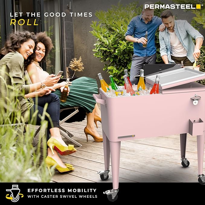 Permasteel 80 Quart Party Cooler, Rolling Ice Chest with Wheels and Handles for Indoor Outdoor Patio