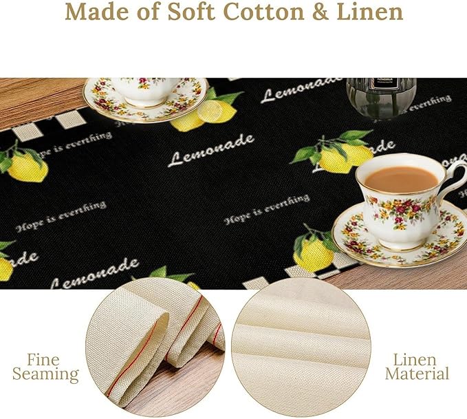 Lemon Table Runner,White Black Buffalo Plaid Watercolor Summer Fruit Print Table Runner for Kitchen Dining Table Indoor Outdoor Home Party Decor 13x70in