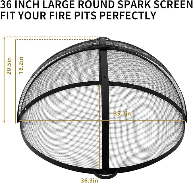 Outdoor Fire Pit Spark Screen Cover Accessory, 36In Patio Round Easy-Opening Fire Mesh Screen Guard, Heavy Duty Steel Firepit Ember Lid with Hinge
