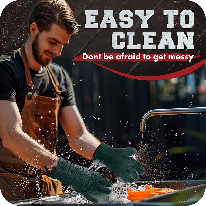 Kitchen perfection Silicone Smoker Oven Gloves -Extreme Heat Resistant BBQ Gloves -Handle Hot Food Right on Your Grill Fryer Pit|Waterproof Oven Mitts |Superior Value Set+3 Bonuses