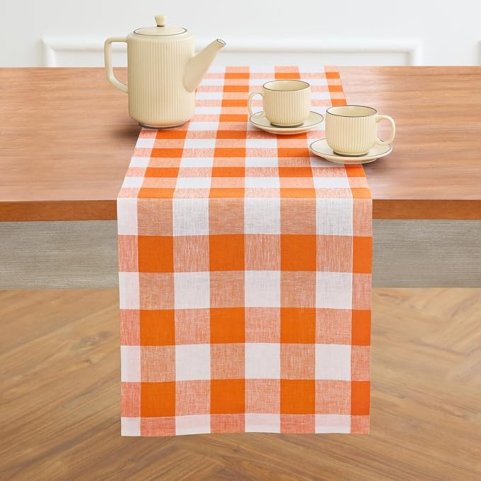 Solino Home Linen Checkered Table Runners 90 Inches Long - 100% Pure Linen Buffalo Check Pumpkin and White Table Runner 14 x 90 Inch Ideal for Dining