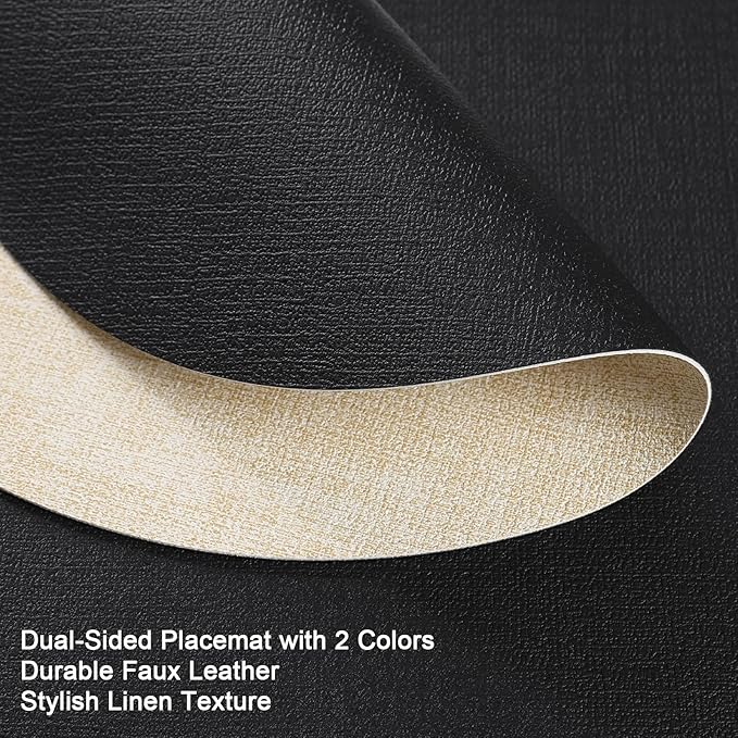 Placemats and Coasters, Washable Reversible Placemats Round Faux Leather Wipeable Place Mats Non Slip Heat Resistant Indoor Outdoor Table Mats (Set of 4, Cream Black)