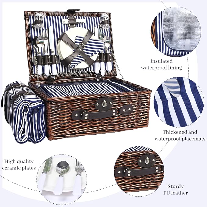 Neti Neti Wicker Picnic Basket for 4 with Insulated Cooler & Waterproof Blanket – Large Willow Picnic Hamper for Outdoor, Camping, Beach, Romantic Dates, Valentine’s Day