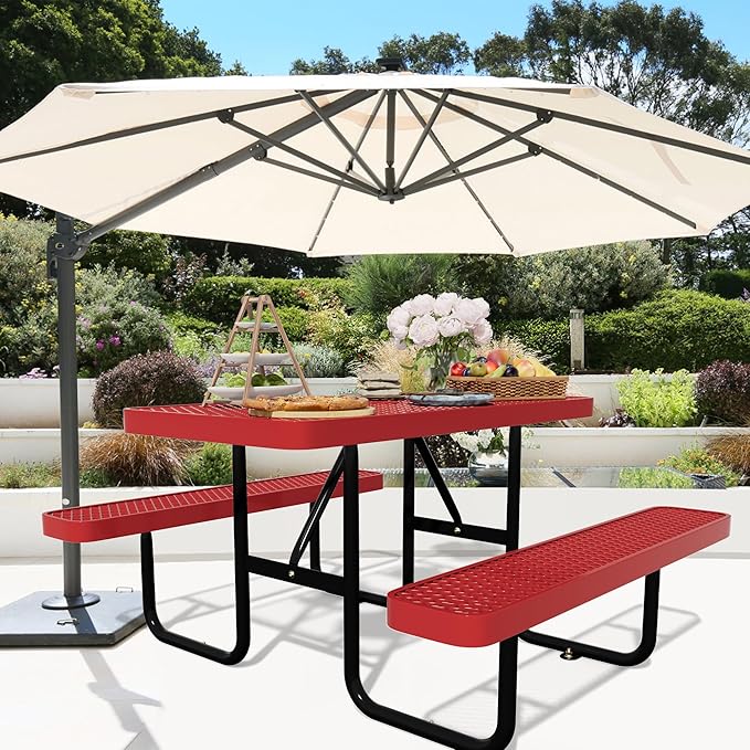 4FT Picnic Tables for Outdoors, Rectangular Commercial Metal Picnic Table Bench Set with Umbrella Hole,Heavy Duty Steel Weather-Resistant Dining Table for Patio Dining Garden Backyard BBQ School