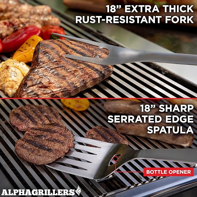 Alpha Grillers Grilling Accessories - Grilling Gifts for Men - BBQ Accessories Grill Tools Set with Spatula, Fork, Brush & Tongs - Outdoor Barbecue Utensils Gifts for Men Dad Him Boyfriend