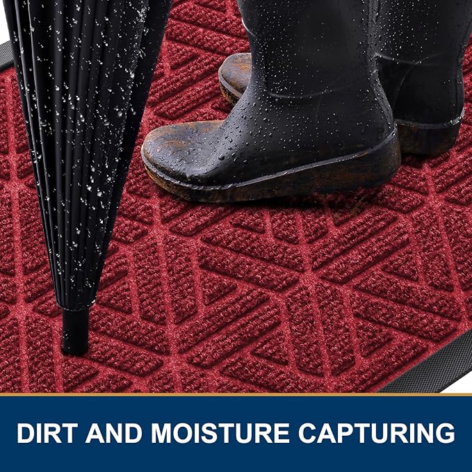 Smiry Front Door Mat Outside Entrance, Heavy Duty Sturdy Natural Rubber Doormat, Trap Dirt and Moisture, Easy Clean Low Profile Mats for Indoor Outdoor Entry, Grid Geometric (36x24, Wine Red)