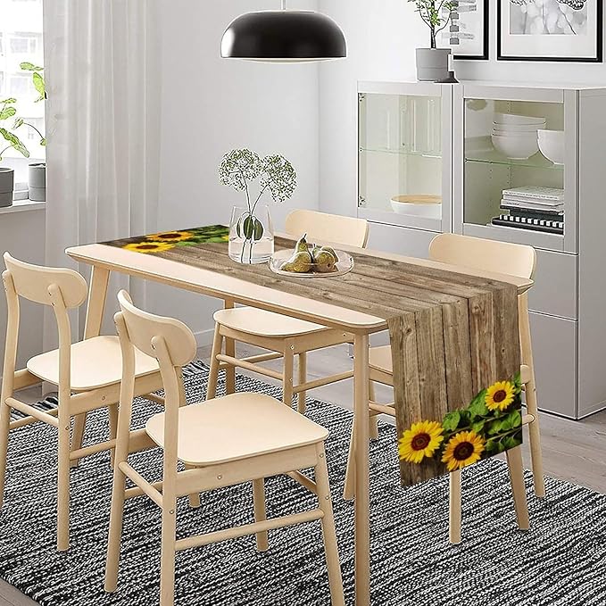 Sunflower Floral Table Runner, Country Farmhouse Vintage Spring Flower Rustic Wooden Plank Kitchen Dining Table Decoration for Indoor Outdoor Home Party Decor, 13x120inch