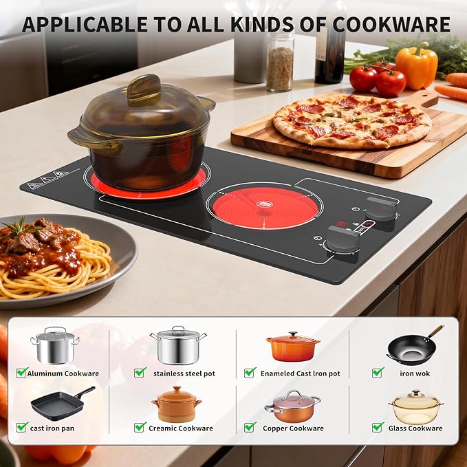 Electric Cooktop,110V 2100W Stove top,9 Power Levels, Kids Lock & Timer, Hot Surface Indicator, Overheat Protection,knob and touch control 2 burner Electric cooktop