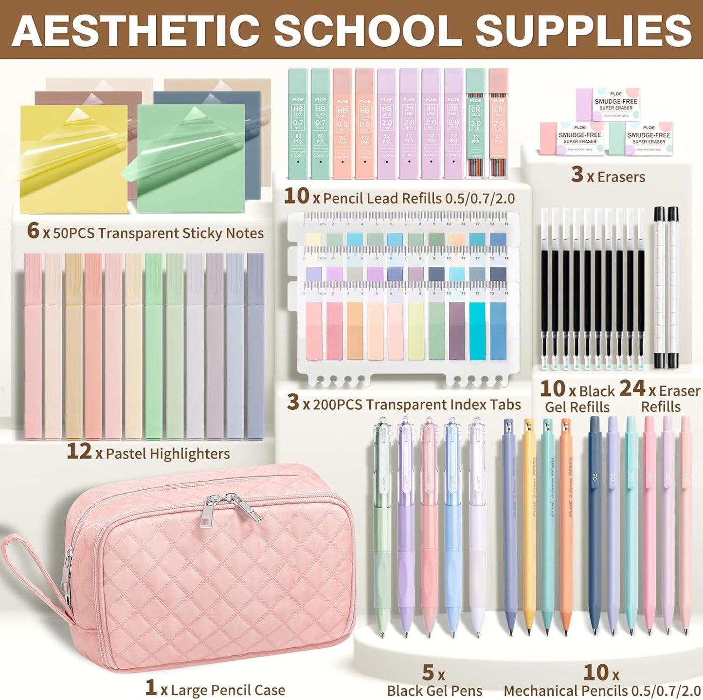 62PCS Aesthetic School Supplies with Cute Pencil Case, Pastel Highlighters Black Ink Gel Pens Mechanical Pencils Kit, Back to School Supplies College Essentials Preppy Stationary Set for Student Girls