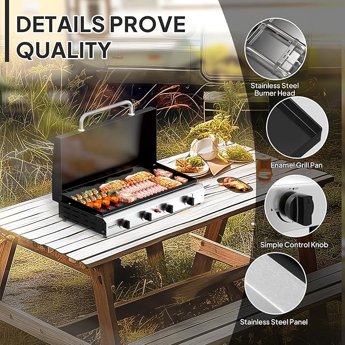 ROVSUN 4 Burner Portable Propane Griddle with Enameled Tray & Lid, 40,000 BTU Tabletop Flat Top Gas Grill with Electronic Ignition & Regulator for Outdoor Cooking Camping BBQ Tailgating