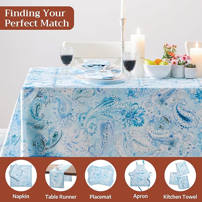 Maison d' Hermine Premium Table Cloth Rectangle Table 100% Combed Cotton 108 x 70 Inches Tablecloth Reusable Decorative for Dining Room, Farmhouse, Home, Party, Festive & Wedding - Paisley Blues