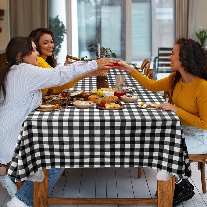 Nasitos 2 Pack Gingham Vinyl Tablecloth 60x102 Inch-Rectangle Picnic Table Cover Waterproof Vinyl Plastic Table Cloth, Black and White Checkered Flannel Backed Tablecloth for Parties, Dinner, Outdoor