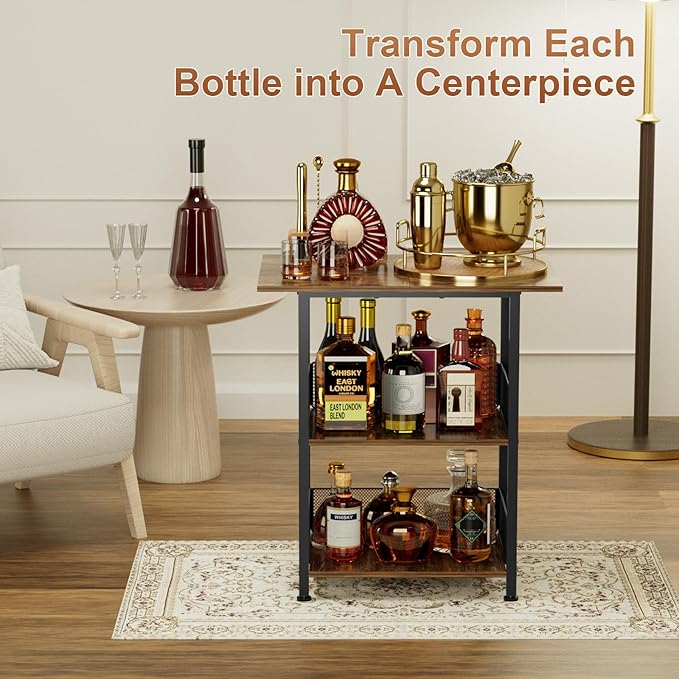 Bar Cart, 3-Tier Bar Cabinets Mini Bar Serving Cart Drink Cart Wine Table Whiskey Liquor Bottle Display Stand, Corner Cabinet for Kitchen, Dining Room, Living Room, Black