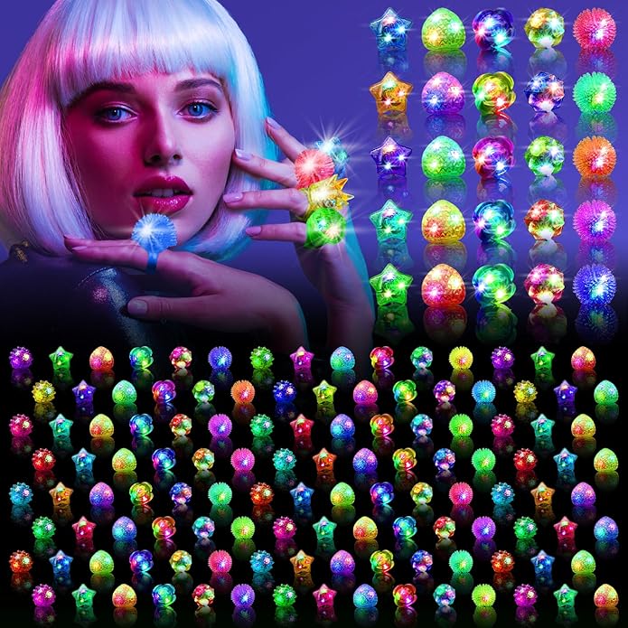 Valentines Day 200 Pcs Light Up Rings, New Year Glow In The Dark Party Supplies, 6 Style Flashing Glow In The Dark Rings for Adults & Kids, LED Ring for Birthday Party Favors, Concert, Raves, Halloween, Christmas