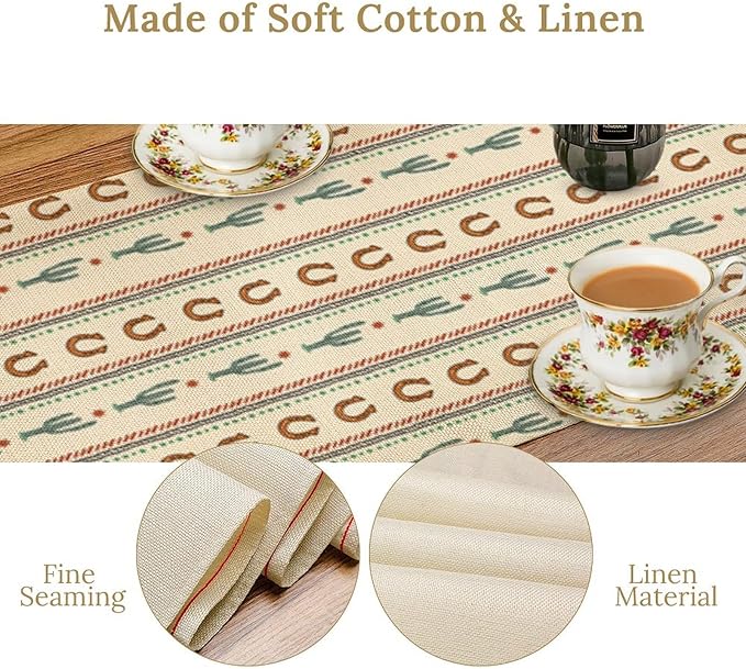 Western Table Runner,Vintage Farmhouse Country Cowboy Horseshoe Cactus Print Table Runner for Kitchen Dining Table Holiday Home Party Decor 13x108in