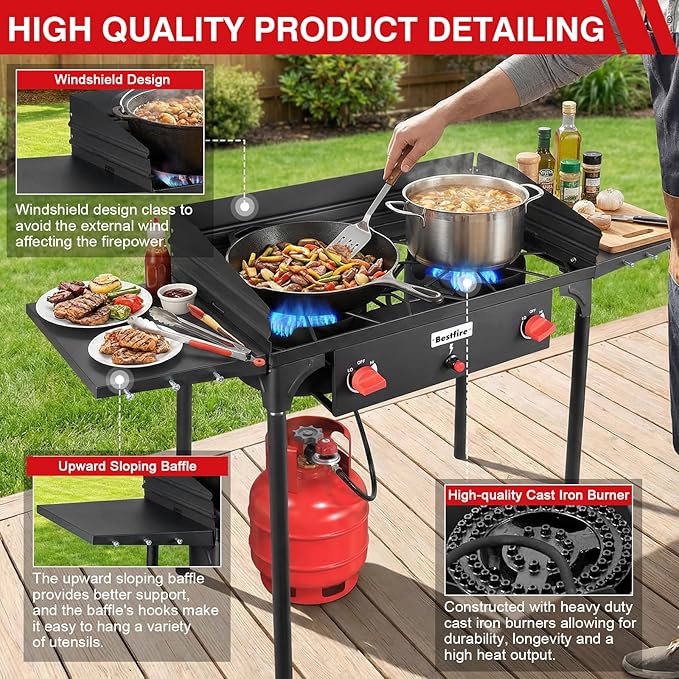 Bestfire 2 Burner Camping Stove with Windpanel& Side Shelves, Bag, Auto Ignition Button,Regulator,150,000 BTU Camping Stove Propane Burner With Removable Legs for Outdoor BBQ&Backyard