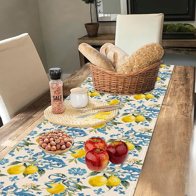 Lemon Flower Table Runner Dresser Scarves Seasonal Linen Tablerunner for Indoor Outdoor Kitchen Home Party Holiday Dining Table Decor 13 X 70 Inch