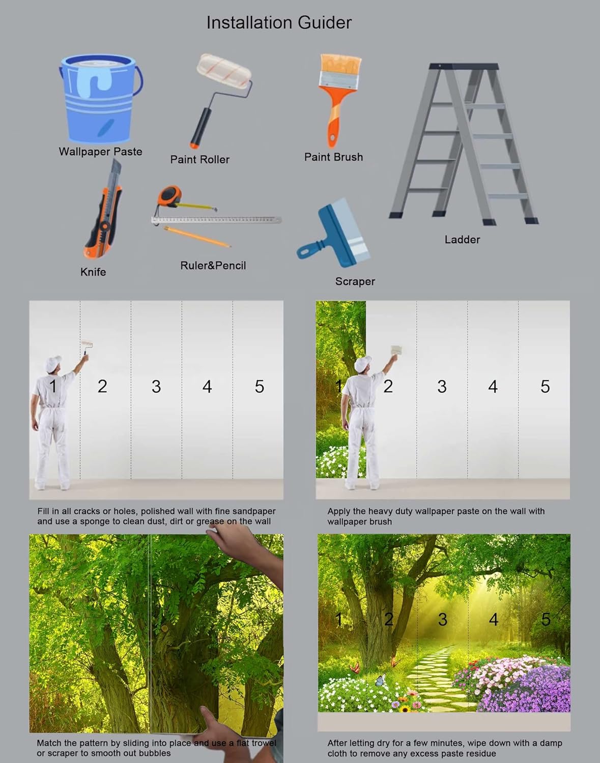 Forest Wallpaper Flower and Road in Forest Wall Mural for Bedroom Living Room TV Background Sofa Wall（Not Peel and Stick）