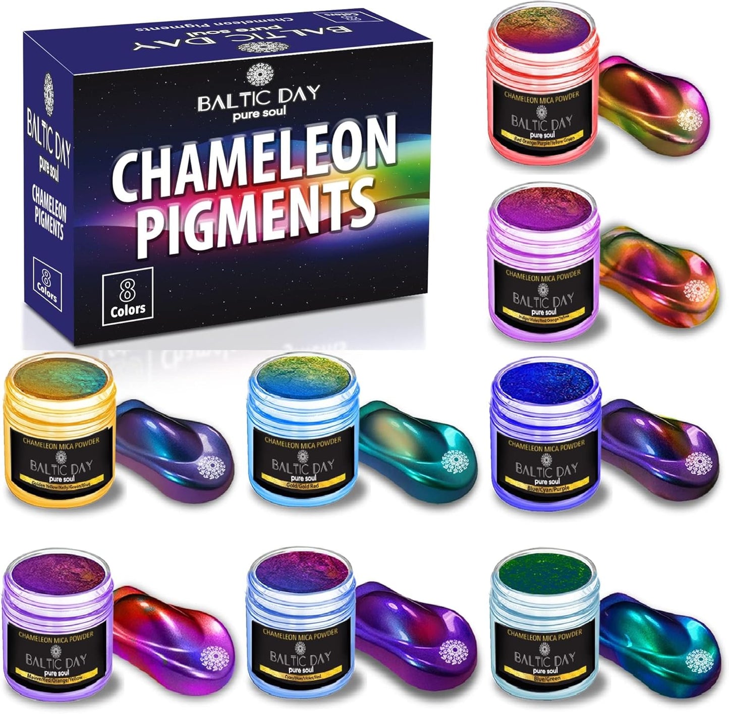 BALTIC DAY - Chameleon Mica Powder, 8 Jars of Color Shift Mica Set - Epoxy Resin Color Pigment - Chameleon Powder Glitter - Holographic Mica Powder for Resin