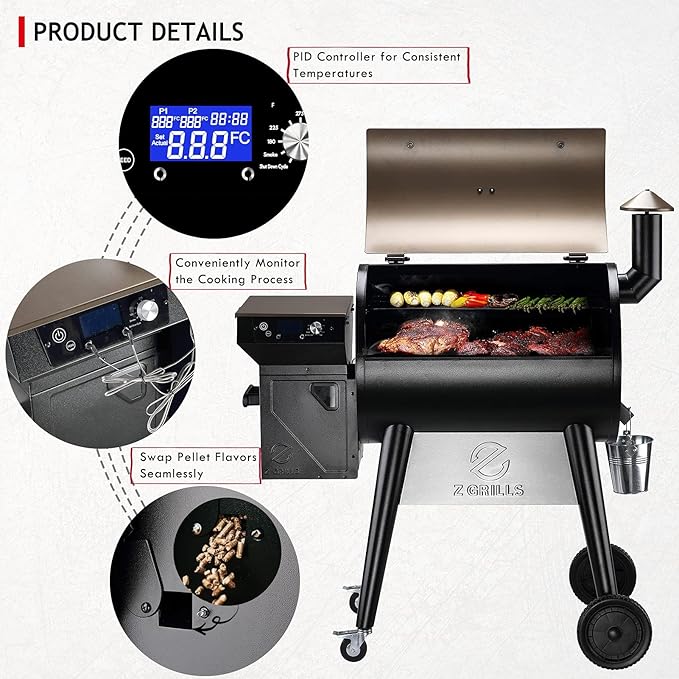 Z GRILLS Upgrade 8 in 1 Wood Pellet Grill & Smoker for Outdoor Cooking, BBQ Grill with PID 3.0 Controller, LCD Screen, 697 sq, Meat Probes, Rain Cover