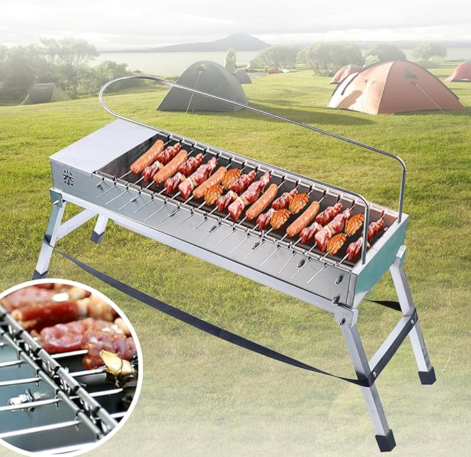 Automatic Rotating Electric BBQ Grill Foldable Kabob Grill Stainless Steel Rotating Barbecue Grill with 17 Grill Rods Portable BBQ Grill for Backyard, Garden, Courtyard