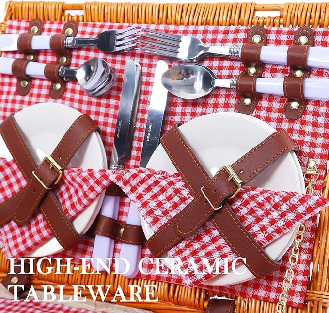 Neti Neti Wicker Picnic Basket for 4 with Insulated Cooler & Waterproof Blanket – Large Willow Picnic Hamper for Outdoor, Camping, Beach, Romantic Dates, Valentine’s Day