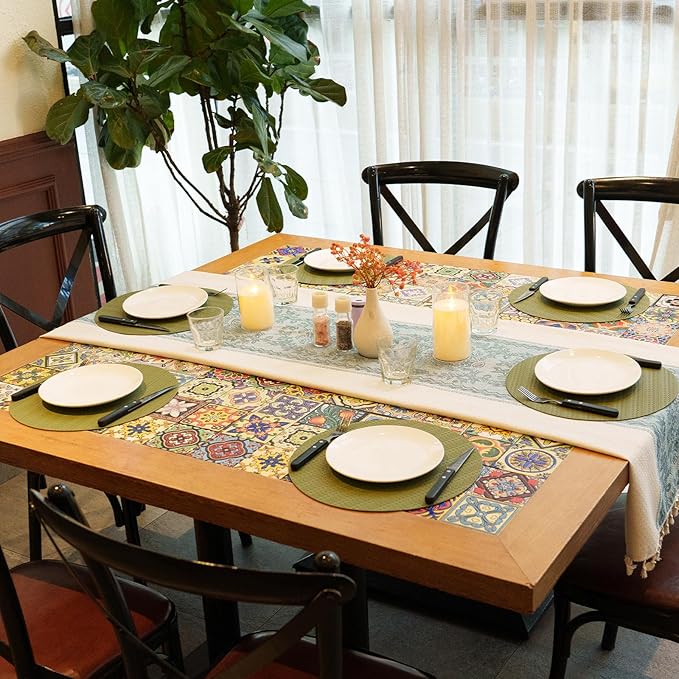 Round Faux Leather Placemats Set of 6 – 13 Inch Vinyl Mats, Heat Resistant, Non Slip, Wipeable & Washable, Easy to Clean Dining Table Decor for Kitchen & Holiday Gatherings（Olive Green）