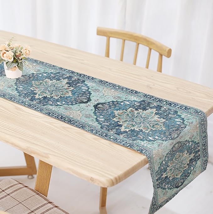 OYIMUA Boho Floral Pattern Summer Table Runner 90 Inches Long Teal and Blue Runners for Tables Rustic Spring Fall Decorations for Home Indoor and Outdoor Party Decor