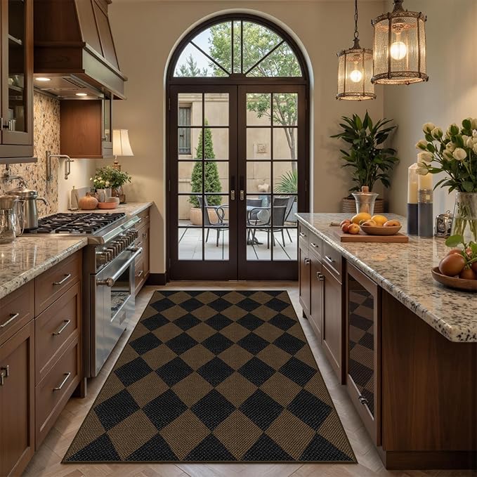 Easy Jute Checkered Area Rug, 3x5 Indoor Outdoor Entryway Rug Washable Coffee Modern Diamond Kitchen Rugs, Non-Slip Neutral Farmhouse Throw Carpet for Living Room Patio Kids Room