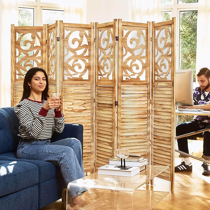 Room Divider Wood Carved Wall Divider Indoor Folding Portable Partition Screen for Home Office Garden Terrace - 6 Panel, 67 * 90inch (Wood)