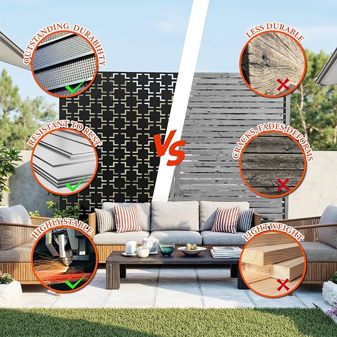 GarveeLife Metal Privacy Screen 72" h x 47" w, Outdoor Privacy Screens and Panels, Freestanding Decorative Fence for Patio Lawn Garden Deck Balcony, 3-Panel with Stand for Outdoor & Indoor Use