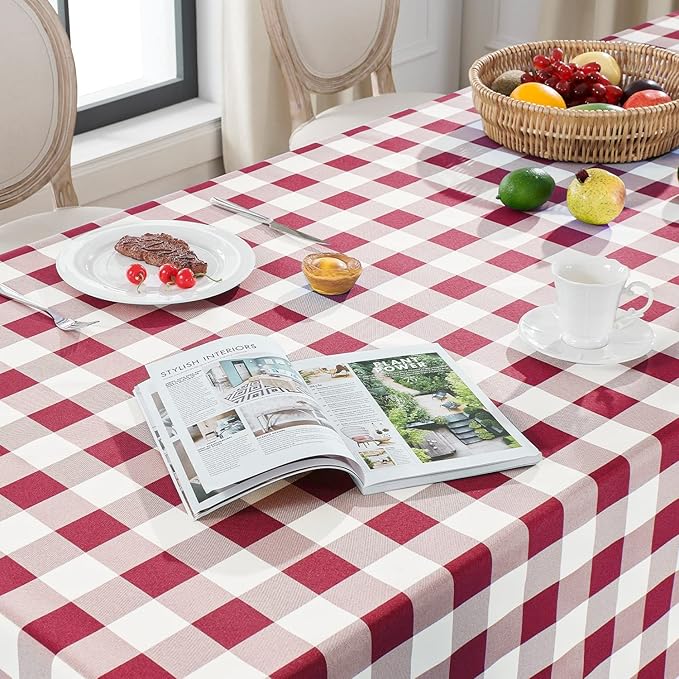 Softalker Gingham Checkered Tablecloth Rectangle - Outdoor Waterproof Buffalo Plaid Table Cloth, Stain Resistant Washable Table Cover for Picnic, Camping, Dining - Burgundy and White, 60 x 120 Inch