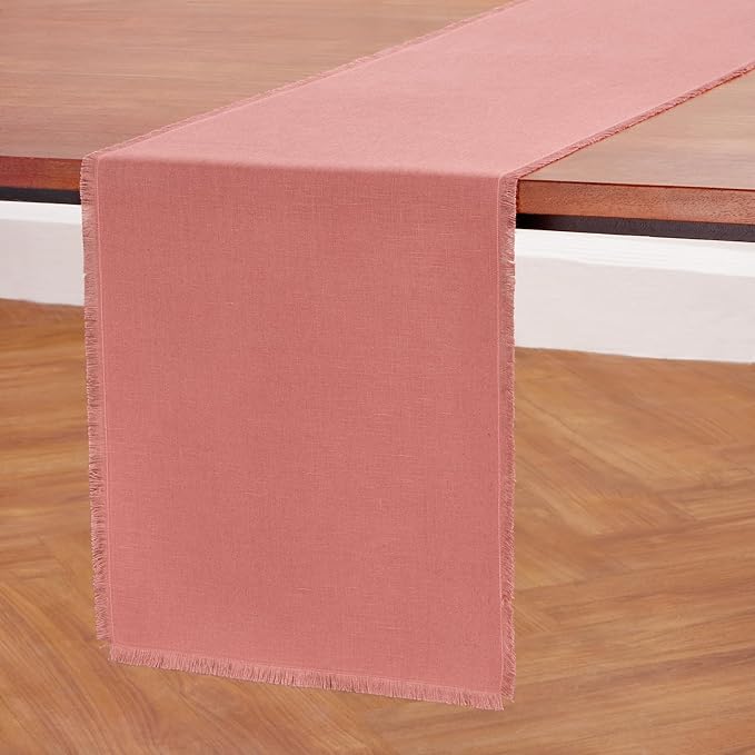 Solino Home Fringe Linen Table Runner 36 Inches - 100% Pure Linen Dusty Rose Table Runner 14 x 36 Inch Ideal for Dresser and Coffee Tables - Valentines, Spring, Easter