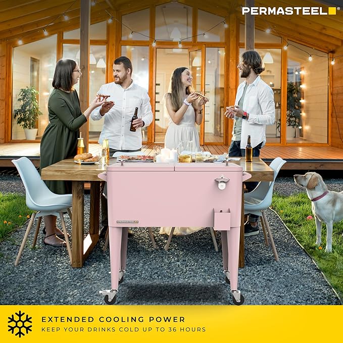 Permasteel 80 Quart Party Cooler, Rolling Ice Chest with Wheels and Handles for Indoor Outdoor Patio