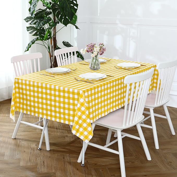 Romanstile Rectangle Vinyl Tablecloth, 100% Waterproof Buffalo Gingham Plastic Table Cloth, Heavy Duty Wipeable Checkered Table Covers for Outdoor, Camping, Picnic, Patio - 54 x 78, Yellow and White